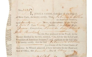 [NEW YORK]. SANDS, Joshua (1757-1835). Partially printed Seaman Protection document signed ("Josha.