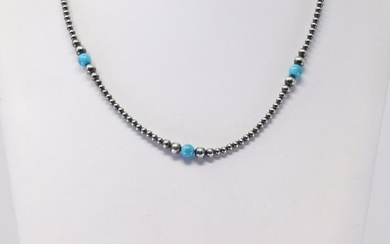 Native America Navajo Handmade Sterling Silver Turquoise / Pearl Beaded Necklace.