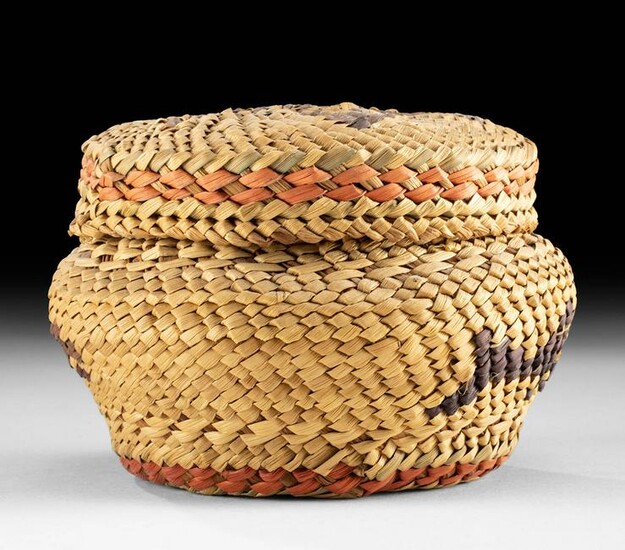 Native American Makah Lidded Basket - Whales & Flower
