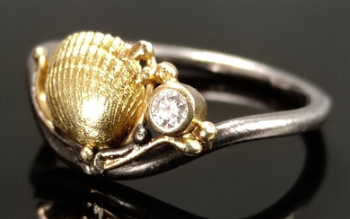 Nautical ring, centered shell element and small diamond around 0,04ct, silver 925, partly gold plat