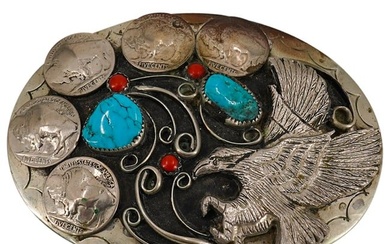 Navajo Style Silver Plated, Turquoise and Coral Belt Buckle