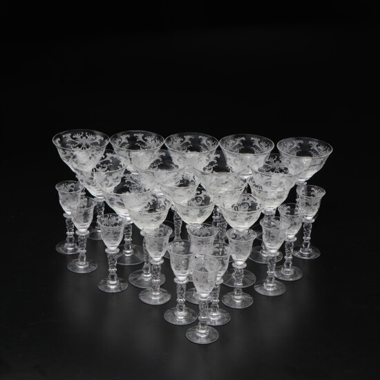 Needled Etched Glass Stemware Dessert Glasses, Mid-20th Century