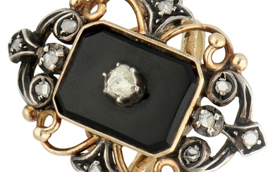 No Reserve - 14K Gouden / zilveren vintage ring met diamant en onyx.