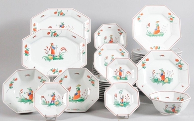 OCTOGONAL TABLE SERVICE PART, in porcelain, decorated with chinese and foliage, including: 20 table plates, 26 dessert plates, 14 bread plates, 2 large bowls and a small bowl, 2 dishes. (Small spares) (Inscription on the reverse: "Happy Birthday 18...