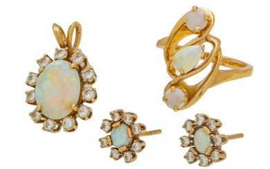 Opal Stud Earrings, Ring and Pendant, 14K Yellow Gold