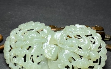 Openwork Chinese Hetian Jade Carved Fortune Dragon & Ruyi Belt Buckle