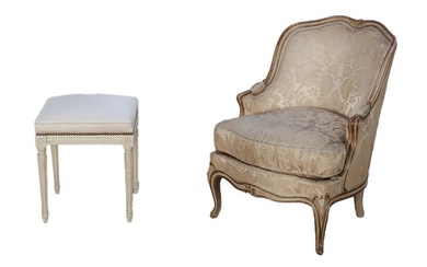 PAINTED AND GILT LOUIS XV STYLE FRENCH BERGERE CHAIR C...