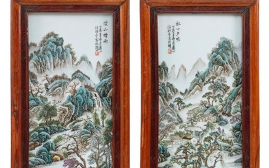 PAIR OF CHINESE FAMILLE VERTE PAINTED TILES Depict a village in a mountain landscape. Calligraphy upper left and right. 17" x 8". Fr...