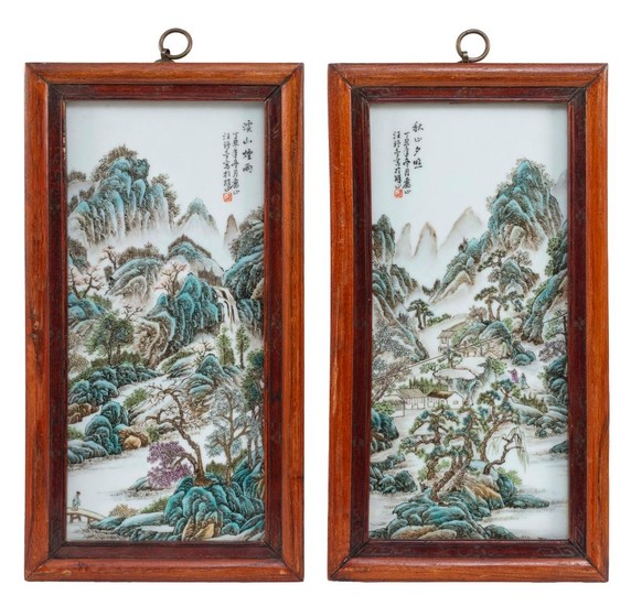 PAIR OF CHINESE FAMILLE VERTE PAINTED TILES Depict a village in a mountain landscape. Calligraphy upper left and right. 17" x 8". Fr...