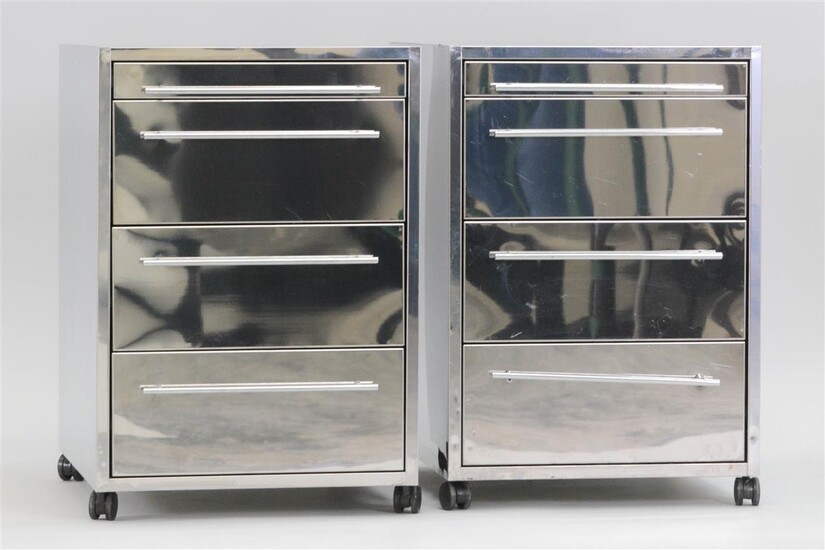 PAIR OF POLISHED METAL BEDSIDE TABLES