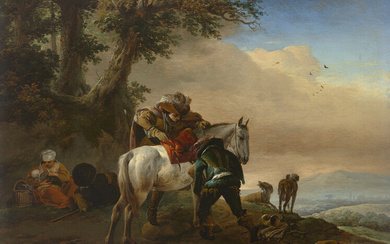 PHILIPS WOUWERMAN (HAARLEM 1619-1668) A hunter saddling his horse and a shepherd family, an extensive landscape beyond