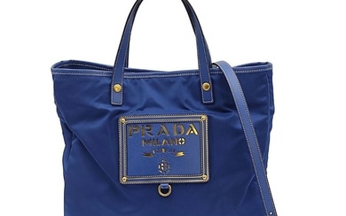 PRADA light blue nylon shoulder tote bag with gold logo