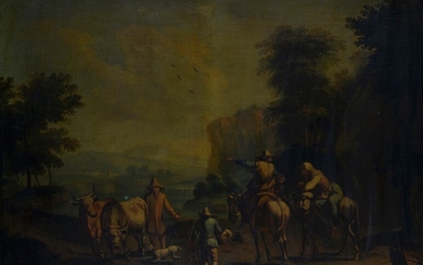 Scuola Olandese, XVII sec., Paesaggio con contadini