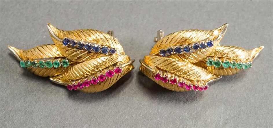 Pair 18-Karat Yellow-Gold, Ruby, Emerald and Blue Sapphire Clip-Back Earrings, 8.7 gross dwt., L: 1-1/4 in