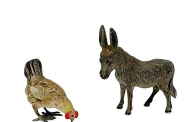 Pair Austrian Cold Painted Bronze Chicken and Donkey Miniature Figurines
