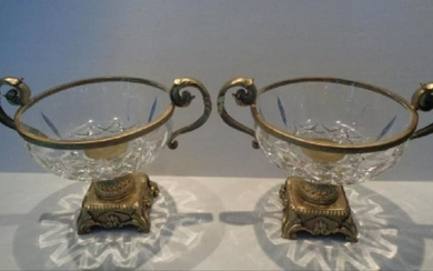 Pair Crystal Faceted Bronze Scroll-Leaf Handle Bowl