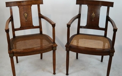 Pair English-Style Caned Arm Chairs