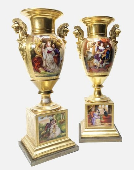 Pair Handpainted & Gilt Vases, 19th Century