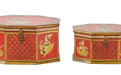 Pair Indo Persian Hand Painted Stacking Boxes