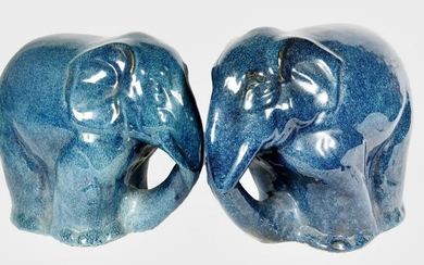 Pair Mid-Century Blue Glazed Elephants