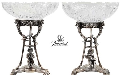 Pair Of 19th C. Empire Style Silver Plated With Baccarat Crystal Bowl Centerpieces