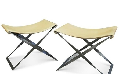 Pair Of Italian Leather and Metal Stool Chairs