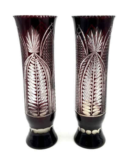 Pair Of Large Vintage Bohemian Cut To Clear Glass Vases
