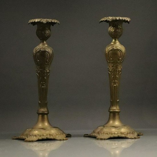 Pair Victorian Brass Tall Candlesticks
