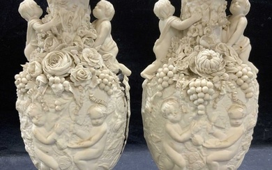 Pair Vintage White Porcelain Floral Cherub Urns