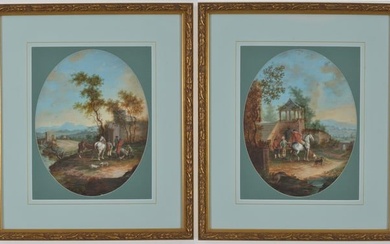Pair of 18th century Blarenberghe school original oval gouache paintings. Hunt scenes with figured