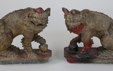 Pair of Antique Asian Carved Wood Foo Dogs