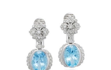 Pair of Aquamarine and Diamond Pendent Earrings | 海藍寶 配...