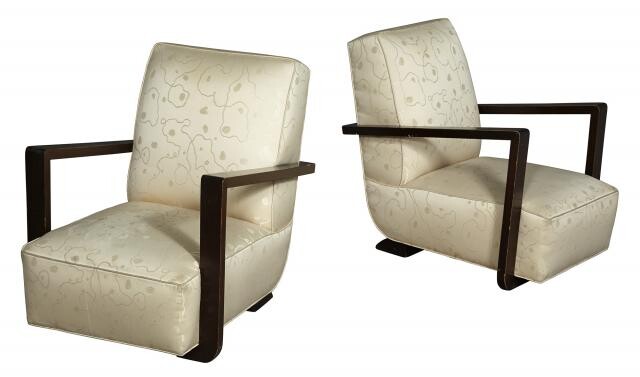 Pair of Art Deco Upholstered Walnut Stained Club Chairs