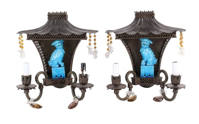 Pair of Asian Style Metal, Glass, and Ceramic Sconces