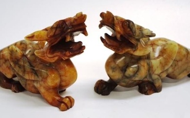 Pair of Chinese carved hardstone temple lions width 28cm...