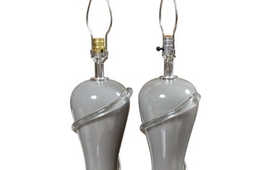 Pair of Deco Style Gray Glass Table Lamps with Lucite Bases