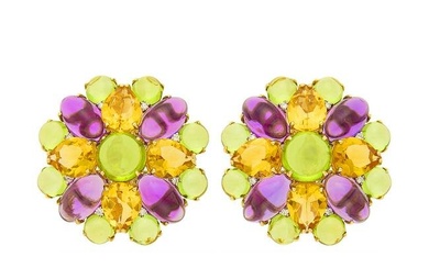 Pair of Gold, Amethyst and Peridot, Citrine and Diamond Cluster Earclips