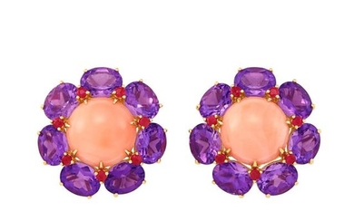 Pair of Gold, Angel Skin Coral, Amethyst and Ruby Earclips