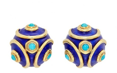 Pair of Gold, Blue Enamel and Turquoise Earclips, Tiffany & Co.