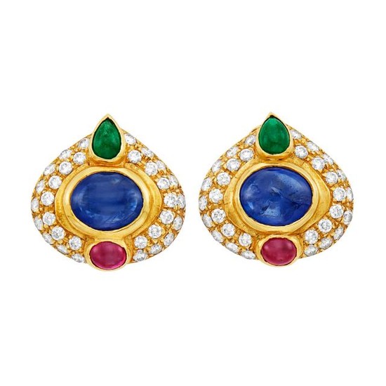 Pair of Gold, Cabochon Colored Stone and Diamond Earclips