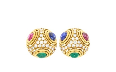 Pair of Gold, Cabochon Emerald, Sapphire and Ruby and Diamond Earrings