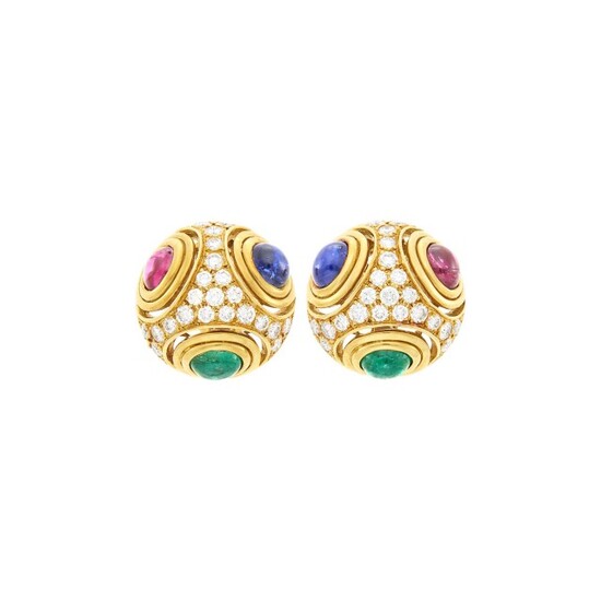 Pair of Gold, Cabochon Emerald, Sapphire and Ruby and Diamond Earrings