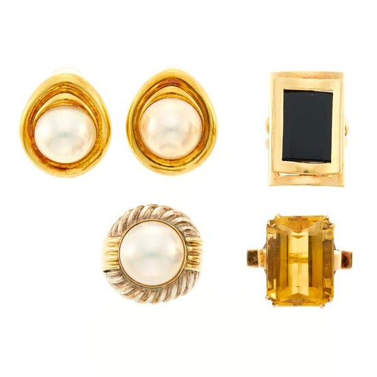 Pair of Gold and Mabé Pearl Earclips, Silver and Mabé Pearl Ring, Citrine Ring and Black Onyx Ring