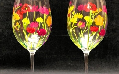 Pair of Hand Painted Glass Wine Glasses - Floral Stemware - Bright Colors - 2pcs