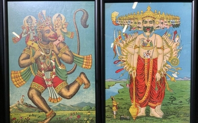 Pair of Hindu Lithographs of Hanuman & Raja Ravi