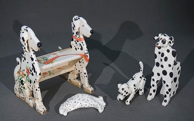 Pair of Kohn Black and White Painted Wood Figures of Dalmatians, a Bedstep and an Art Pottery Recumbent Dalmatian