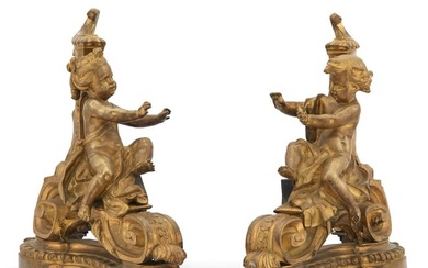 Pair of Louis XV / XVI Transitional Style Gilt-Metal Putto-Form Chenets