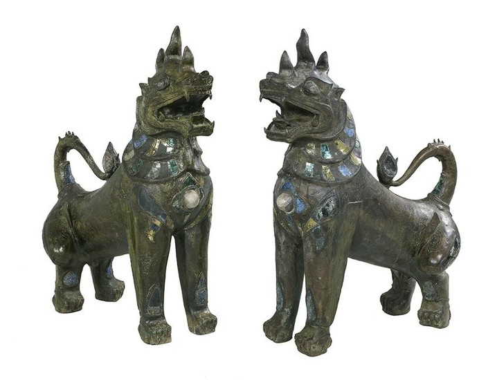 Pair of Patinated Bronze Foo Dogs