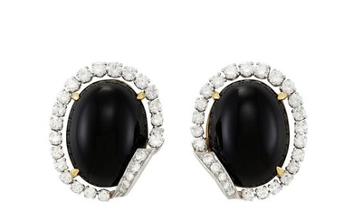 Pair of Platinum, Gold, Black Onyx and Diamond Earclips