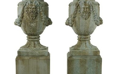 Pair of Rococo-Style Garden Urns on Pedestals
